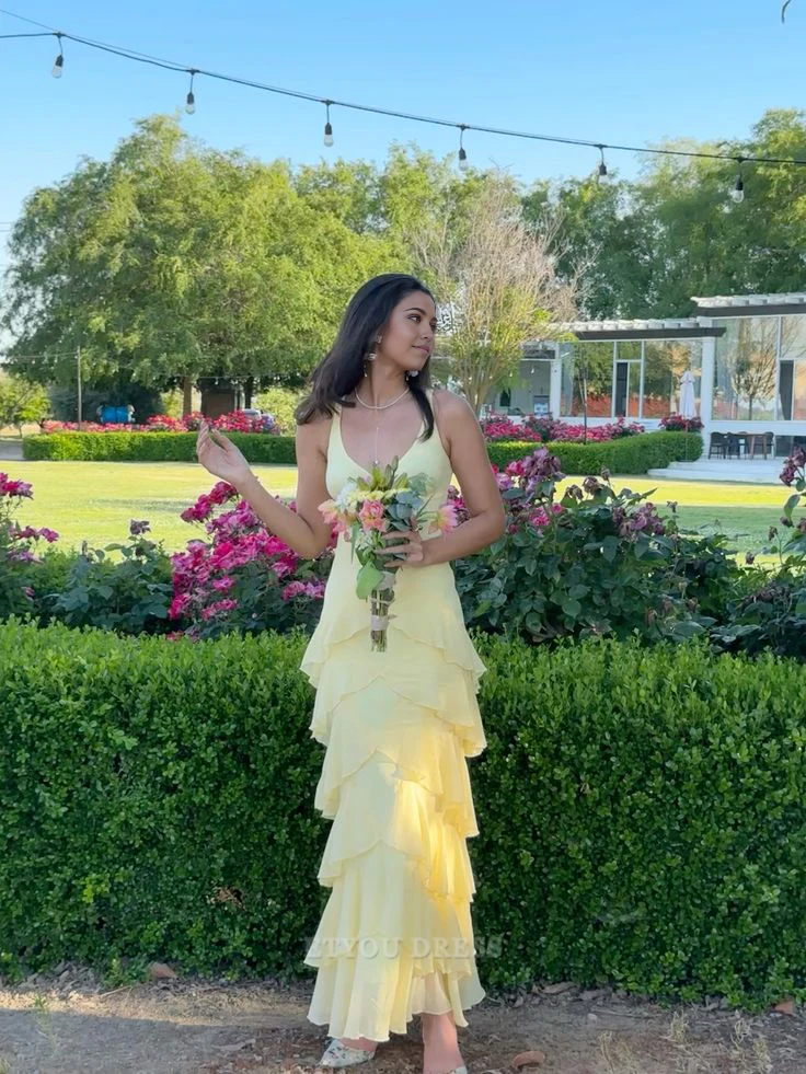 A Line V-Neck Tiered Chiffon Yellow formal dresses Bridesmaid Dresses evening gown Prom Dress